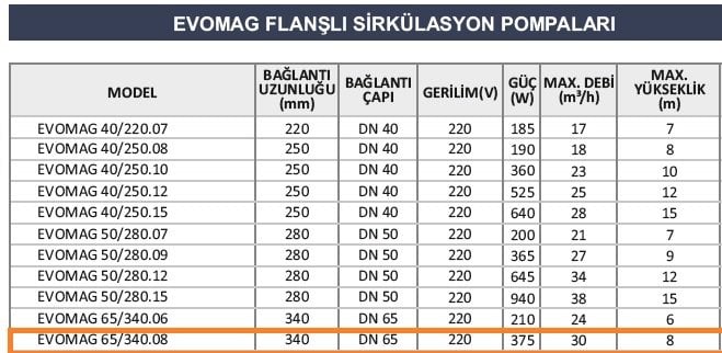 EVOMAG 65/340-08 FLANŞLI SİRKÜLASYON POMPASI