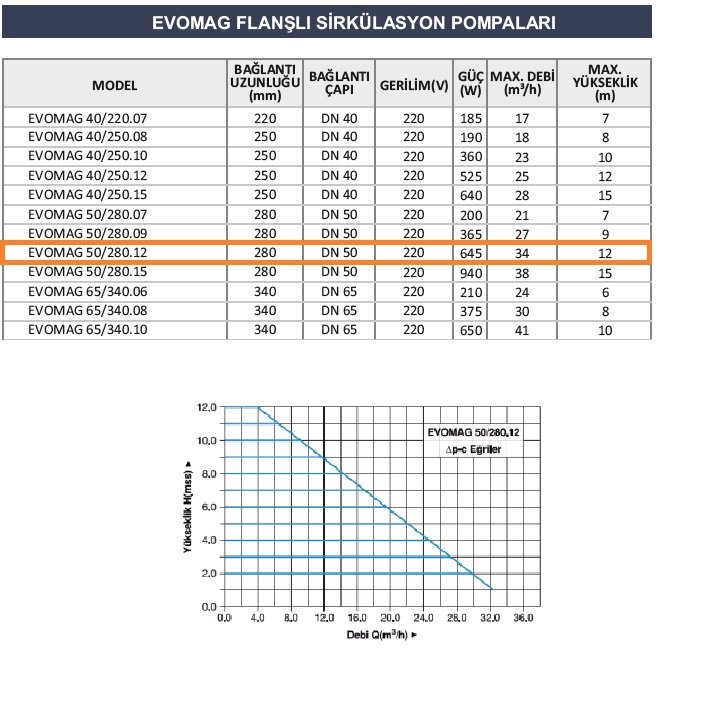 evomag 25-280-12 flanşlı sirkğlasyon pompaı