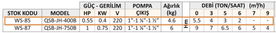 QSB-JH-400B / 0.55 HP TEMİZ SU DRENAJ POMPASI 