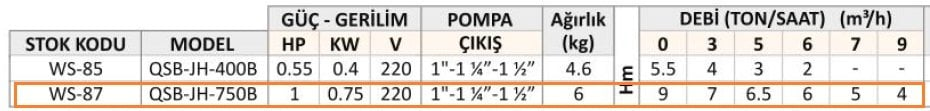 QSB-JH-750B / 1 HP TEMİZ SU DRENAJ POMPASI